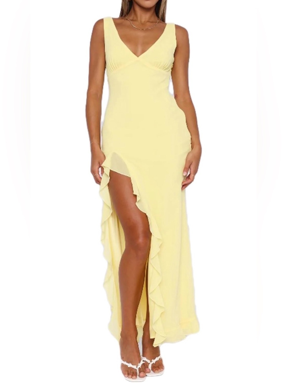 Lemon V-Neck Ruffle Maxi Dress